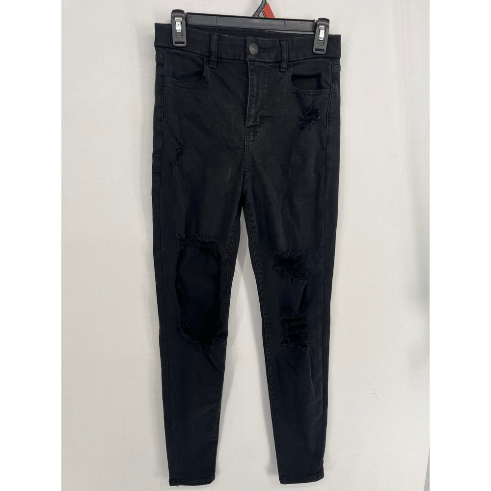 American Eagle High Waisted Skinny Jeans Black Distressed Ripped Size 4 Regular
